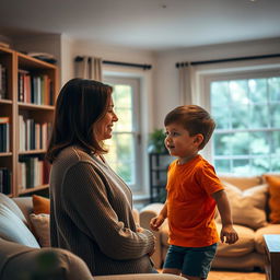 A mother in a cozy, warmly lit living room, looking lovingly at her young son as she calls him to join her