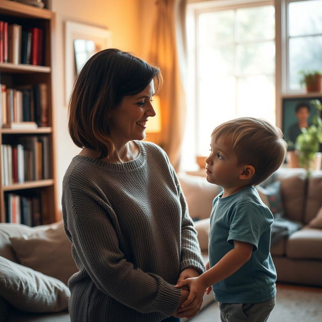 A mother in a cozy, warmly lit living room, looking lovingly at her young son as she calls him to join her