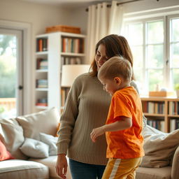 A mother in a cozy, warmly lit living room, looking lovingly at her young son as she calls him to join her