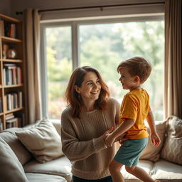 A mother in a cozy, warmly lit living room, looking lovingly at her young son as she calls him to join her