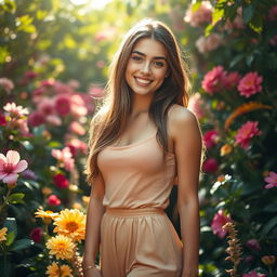 A striking scene of a confident young woman standing in a vibrant flower garden, surrounded by blooming flowers in various colors