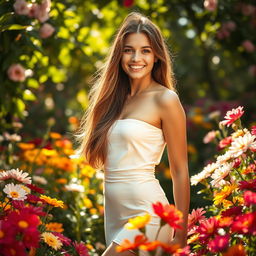 A striking scene of a confident young woman standing in a vibrant flower garden, surrounded by blooming flowers in various colors