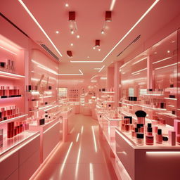 Generate an image of a 3 meter by 3 meter cosmetics shop having an efficient, contemporary light system. Focus on lighting fixtures complementing the small space, enhancing the product displays