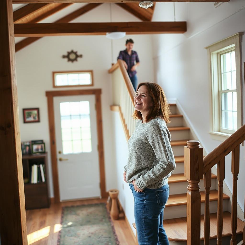 A mother standing at the bottom of a staircase in a simple, rustic farmhouse, calling her teenage son from upstairs