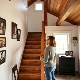 A mother standing at the bottom of a staircase in a simple, rustic farmhouse, calling her teenage son from upstairs