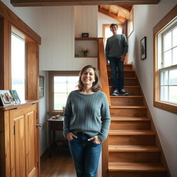 A mother standing at the bottom of a staircase in a simple, rustic farmhouse, calling her teenage son from upstairs