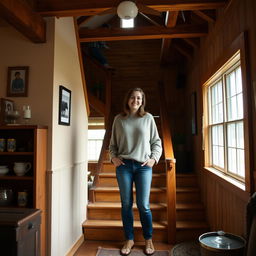 A mother standing at the bottom of a staircase in a simple, rustic farmhouse, calling her teenage son from upstairs
