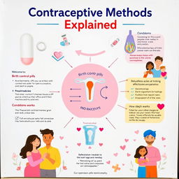 A vibrant educational poster displaying various contraceptive methods