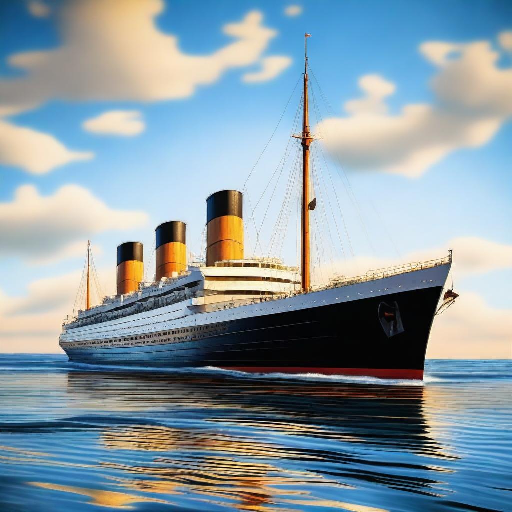 A high-quality digital art image featuring the RMS Lusitania, a historic ocean liner