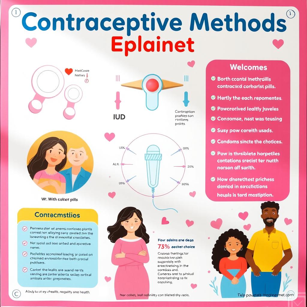 A vibrant educational poster displaying various contraceptive methods