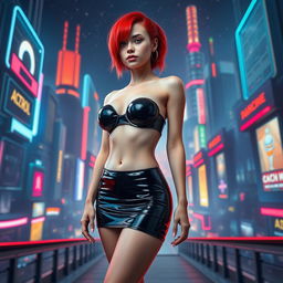 A full-body view of a 21-year-old thin girl with vibrant red hair, showcasing round, plastic surgery-enhanced silicone breasts