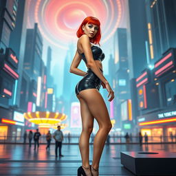A full-body view of a 21-year-old thin girl with vibrant red hair, showcasing round, plastic surgery-enhanced silicone breasts
