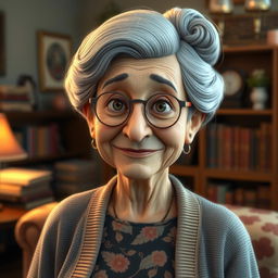 A highly detailed character model of an elderly woman, showcasing realistic textures and features that convey wisdom and experience