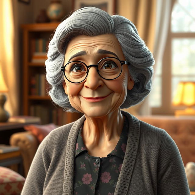 A highly detailed character model of an elderly woman, showcasing realistic textures and features that convey wisdom and experience