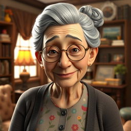 A highly detailed character model of an elderly woman, showcasing realistic textures and features that convey wisdom and experience