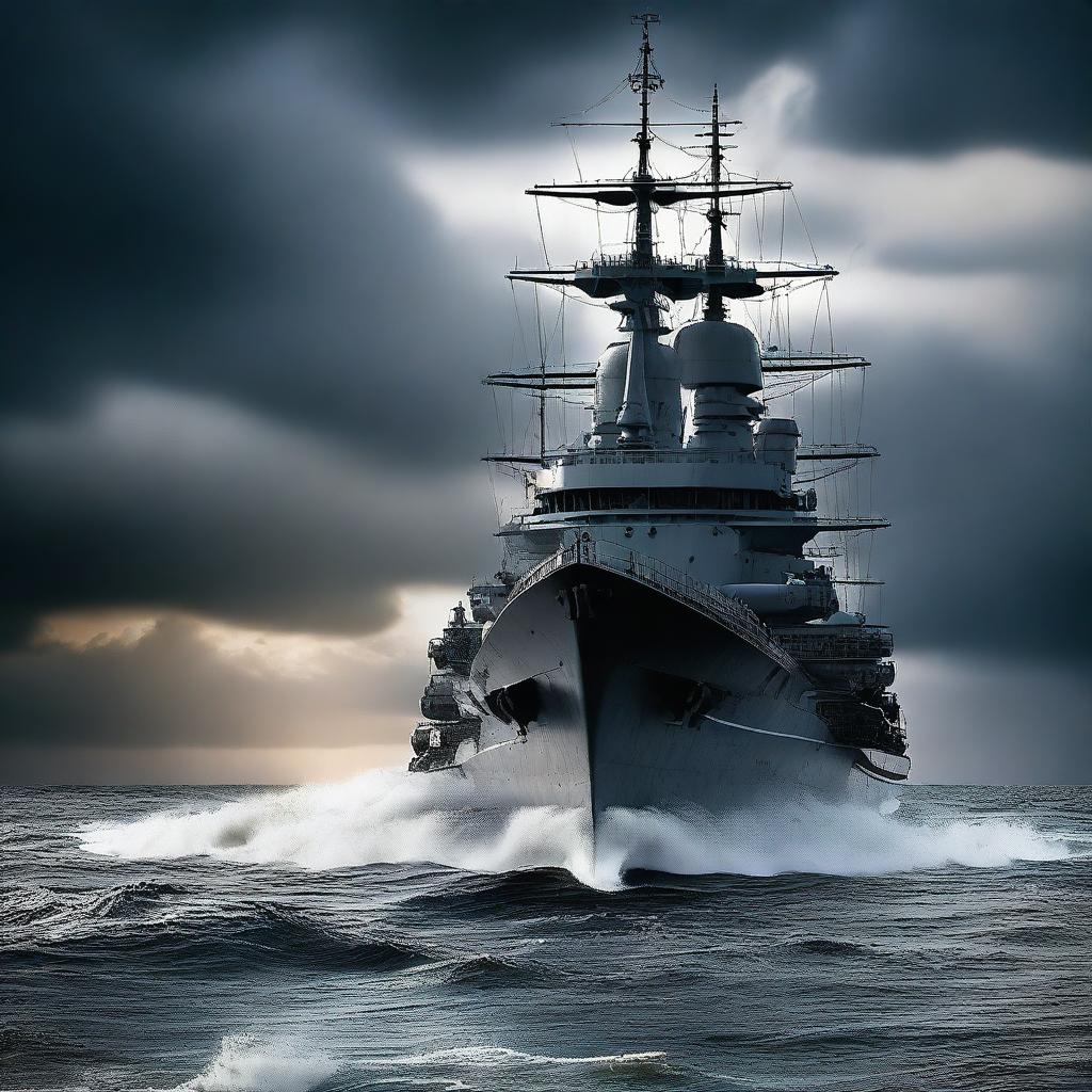 A high-resolution digital art image showcasing a powerful battleship cutting through the open sea