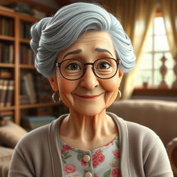 A highly detailed character model of an elderly woman, showcasing realistic textures and features that convey wisdom and experience