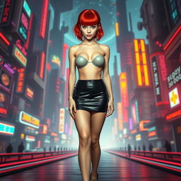 A full-body view of a 21-year-old slender girl with striking red hair, featuring round, plastic surgery-enhanced silicone breasts