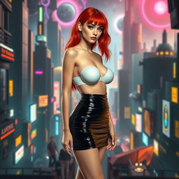 A full-body view of a 21-year-old slender girl with striking red hair, featuring round, plastic surgery-enhanced silicone breasts