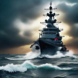 A high-resolution digital art image showcasing a powerful battleship cutting through the open sea