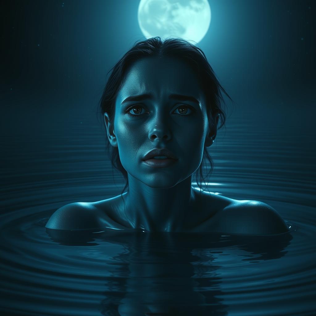 A striking image of a woman with dark blue skin and fully black eyes, crying as she emerges from dark waters