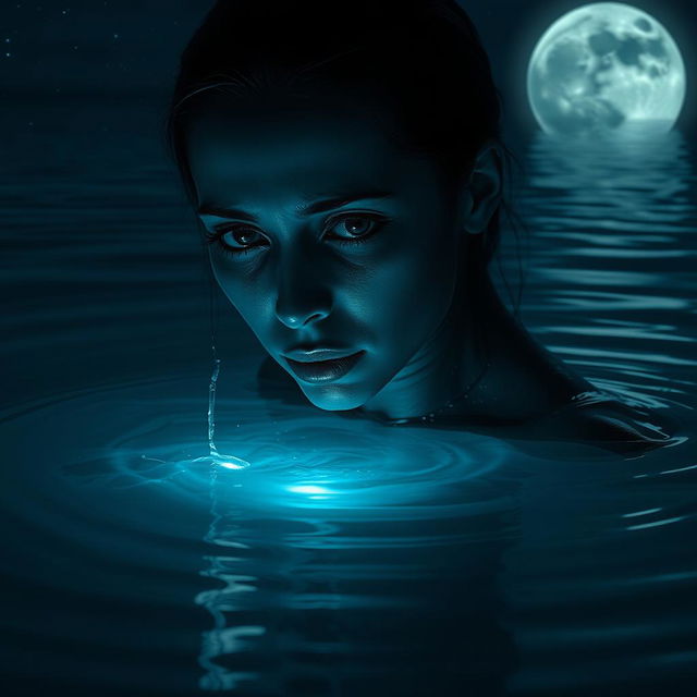 A striking image of a woman with dark blue skin and fully black eyes, crying as she emerges from dark waters