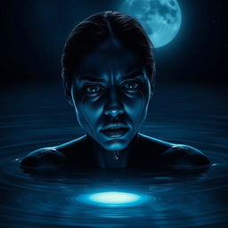A striking image of a woman with dark blue skin and fully black eyes, crying as she emerges from dark waters