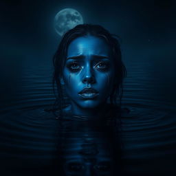 A striking image of a woman with dark blue skin and fully black eyes, crying as she emerges from dark waters