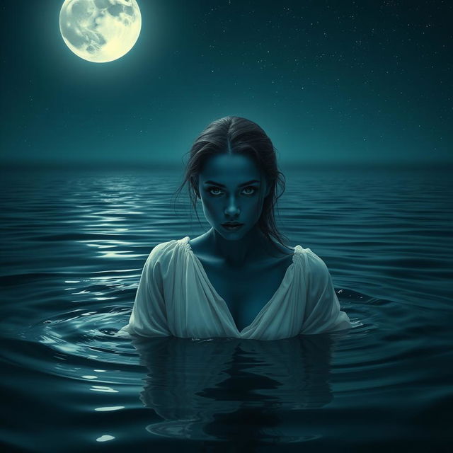 A woman with stunning dark blue skin and fully black eyes, appearing melancholic as she emerges from deep, dark waters