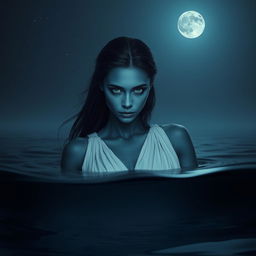 A woman with stunning dark blue skin and fully black eyes, appearing melancholic as she emerges from deep, dark waters