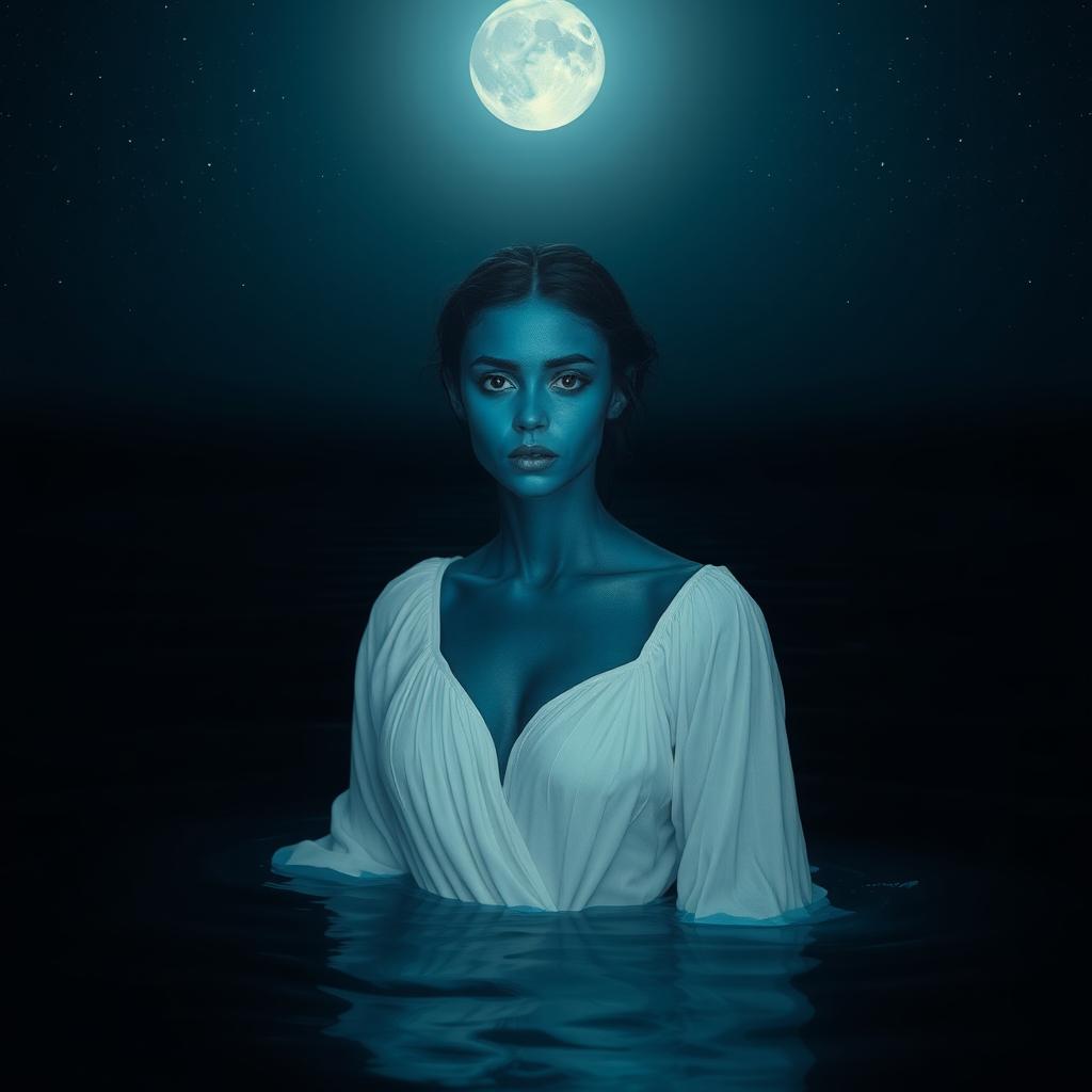 A woman with stunning dark blue skin and fully black eyes, appearing melancholic as she emerges from deep, dark waters