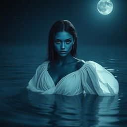 A woman with stunning dark blue skin and fully black eyes, appearing melancholic as she emerges from deep, dark waters