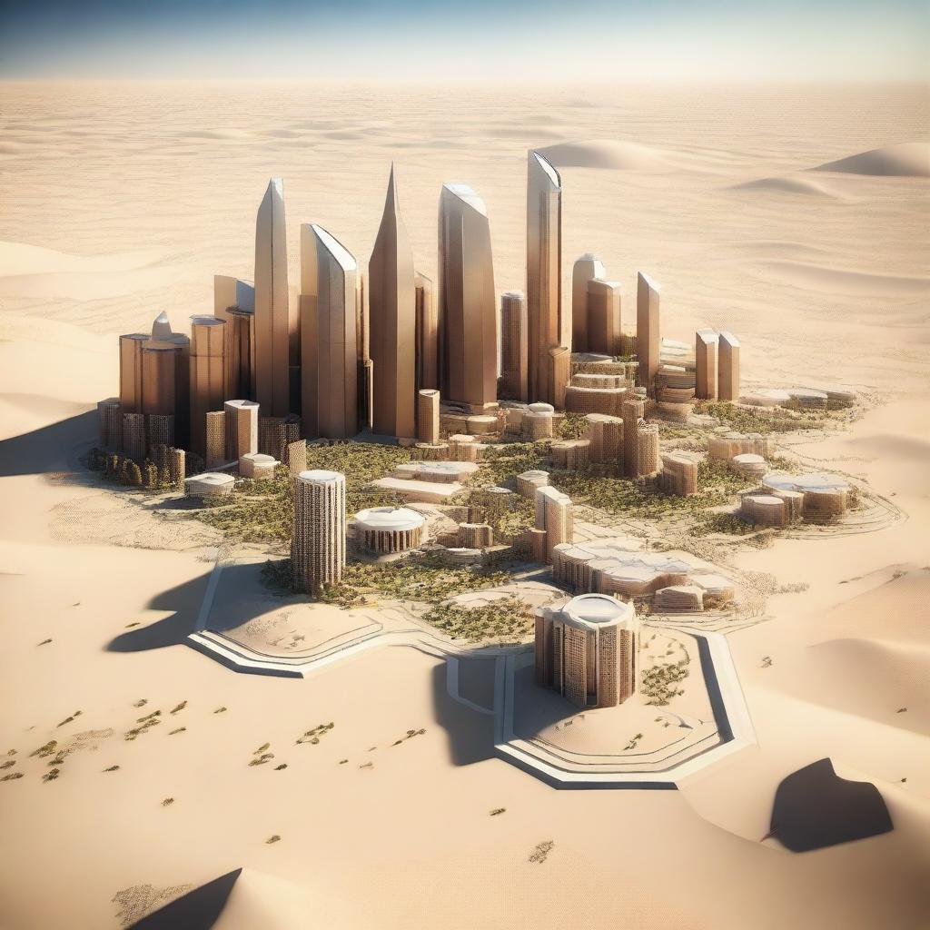 A high-quality 3D render of Oxagon City, situated in the heart of a vast desert