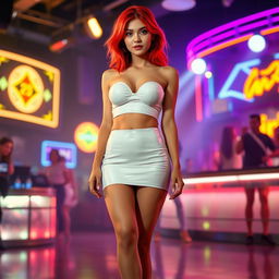 A full-body view of a 21-year-old thin girl with round silicone breast augmentation, featuring vibrant red hair