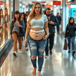 A sexy long curvy hourglass shaped girl with medium breasts and very low, very wide fat saddle bag bimbo hips, featuring long, shapely thick legs