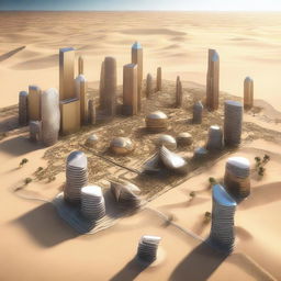 A high-quality 3D render of Oxagon City, situated in the heart of a vast desert