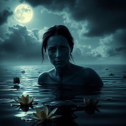 A woman with dark blue skin and fully black eyes, depicting a sad expression as she emerges from dark water