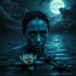 A woman with dark blue skin and fully black eyes, depicting a sad expression as she emerges from dark water