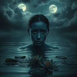 A woman with dark blue skin and fully black eyes, depicting a sad expression as she emerges from dark water