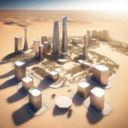 A high-quality 3D render of Oxagon City, situated in the heart of a vast desert