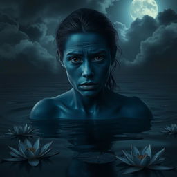A woman with dark blue skin and fully black eyes, depicting a sad expression as she emerges from dark water