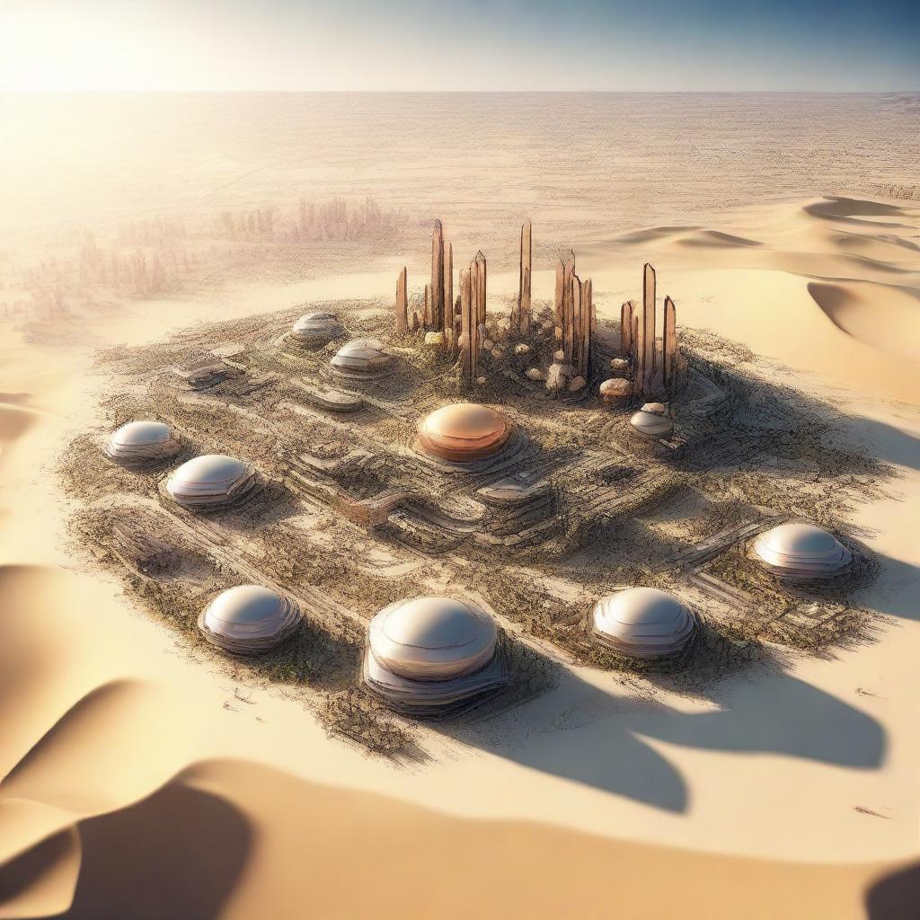 A high-quality 3D render of Oxagon City, situated in the heart of a vast desert