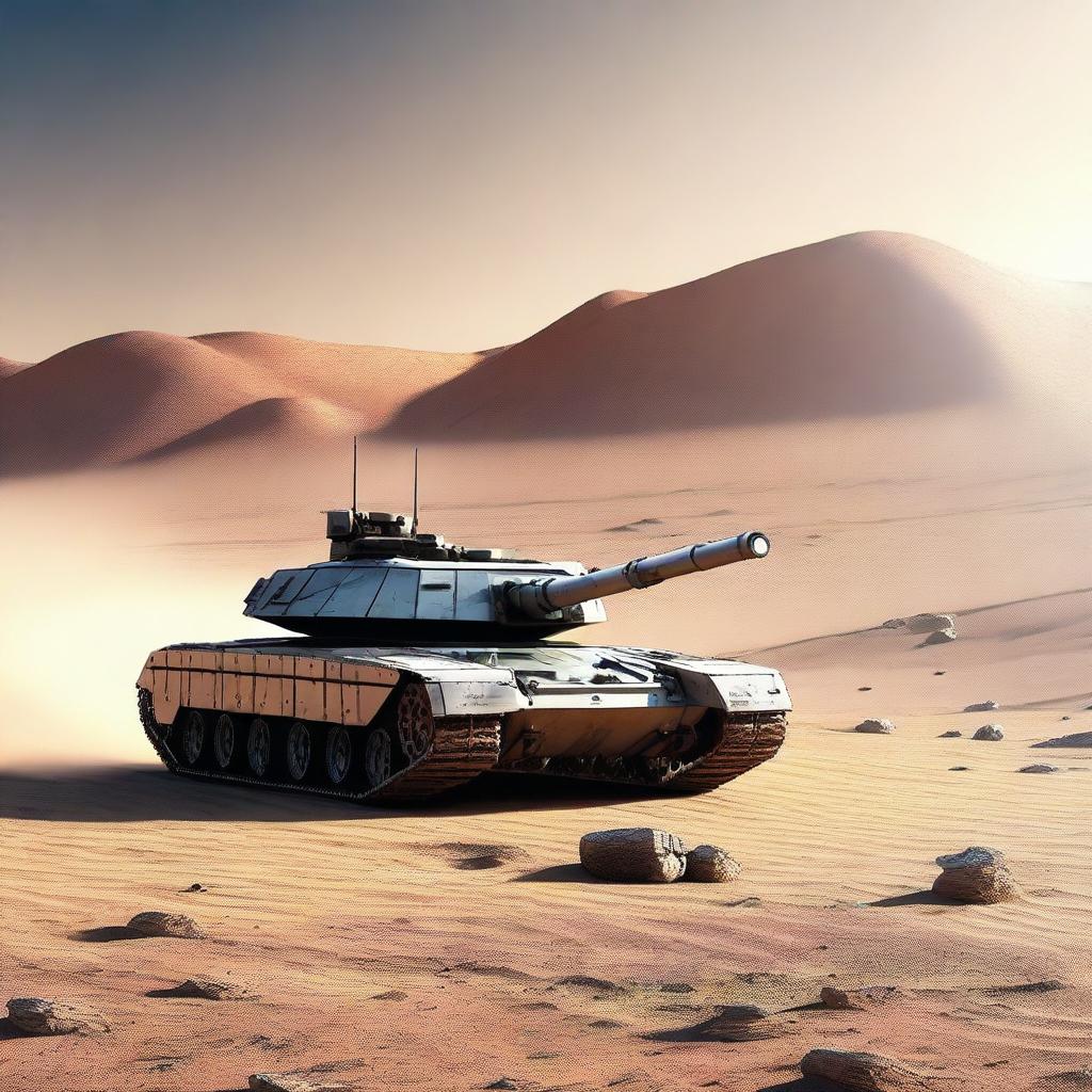 A high-quality 3D render of a futuristic tank, equipped with a high-powered laser cannon