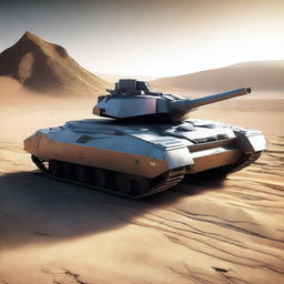 A high-quality 3D render of a futuristic tank, equipped with a high-powered laser cannon