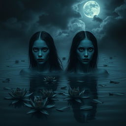 Two women with dark blue skin and fully black eyes, appearing melancholic as they emerge from dark, ominous water