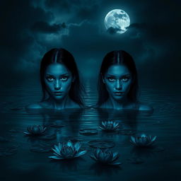Two women with dark blue skin and fully black eyes, appearing melancholic as they emerge from dark, ominous water