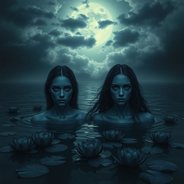 Two women with dark blue skin and fully black eyes, appearing melancholic as they emerge from dark, ominous water