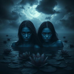 Two women with dark blue skin and fully black eyes, appearing melancholic as they emerge from dark, ominous water