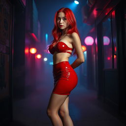 A full-body view of a 21-year-old thin girl with round silicone breast augmentation, showcasing her striking red hair