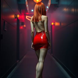 A full-body view of a 21-year-old thin girl with round silicone breast augmentation, showcasing her striking red hair